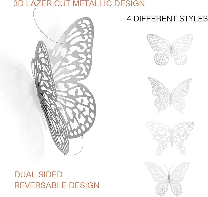 3D Gold Butterfly Wall Decor 3 Sizes 4 Styles Butterfly Party Decorations Cake Decorations Removable Stickers Wall Decor Room Mural Metallic Kids (Silver, 96Pcs)