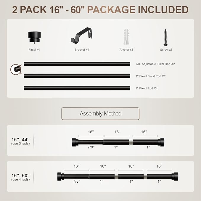 2 Pack Modern Black Curtain Rods Set for Windows 28 to 48 Inches Adjustable Length Heavy Duty 1" Diameter Window Curtain Rod with Decorative Finials for Outdoor Bedroom Kitchen Living Room