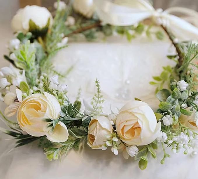 DreamLily Girls Camellias Flower Crown Birthday Photo Pops Hair Wreath Wedding Festival Floral Headpiece XM11 (A-Champagne)