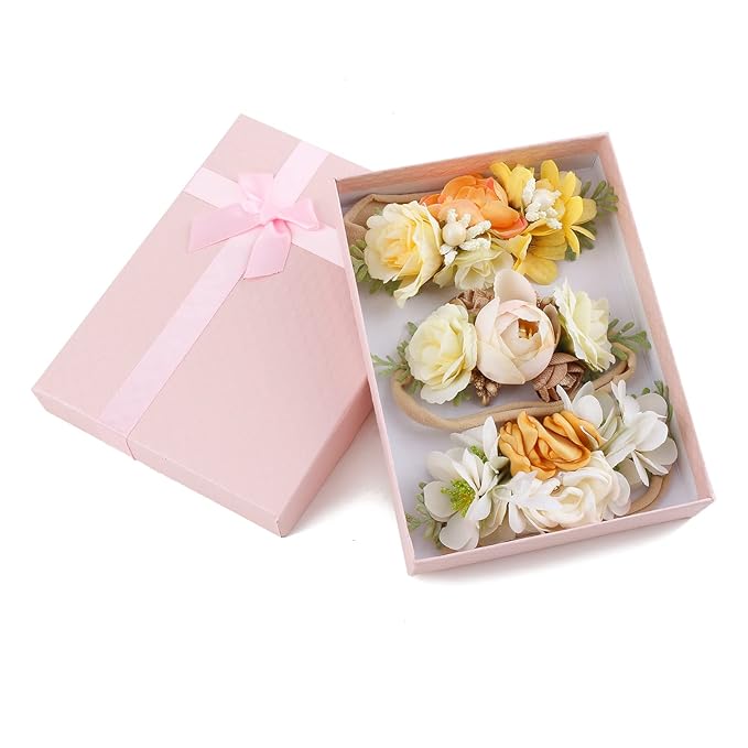 Baby Girl Floral Headbands- 3pcs Nylon Headband Handmade Flower Crown Elastic Hairband Newborn Toddler Hair Accessories Gifts for Girls （1-6 years old）