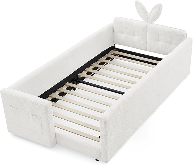 DEINPPA Twin Size Platform Bed Frame with Rabbit Ear Shaped Headboard and Pocket, Boucle Upholstered Bed Frame with Guardrail for Children Kids Boys Girls-Beige