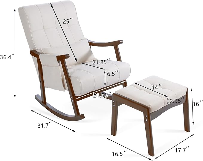 NOBLEMOOD Rocking Chair Indoor with Ottoman, Nursery Rocking Chair with Lumbar Pillow, High Back Upholstered Solid Wood Frame Rocker for Living Room