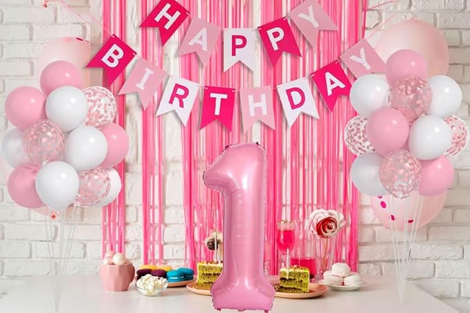 First Birthday Decorations for Girl - Pink Balloon Set With White Confetti, 40-inch '1' Balloon and Happy Birthday Banner for Baby Princess