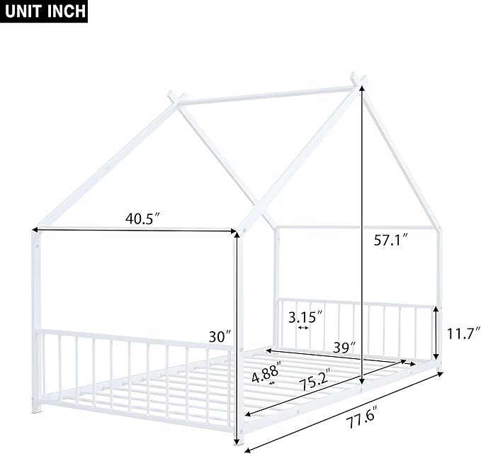 Twin Size House Shaped Montessori Platform Beds, Wood Floor Bed Frame with Roof and Fence Deisgn, Kids Double Toddler Bed for Children Boys Girls, Easy Assemble, No Box Spring Needed, White