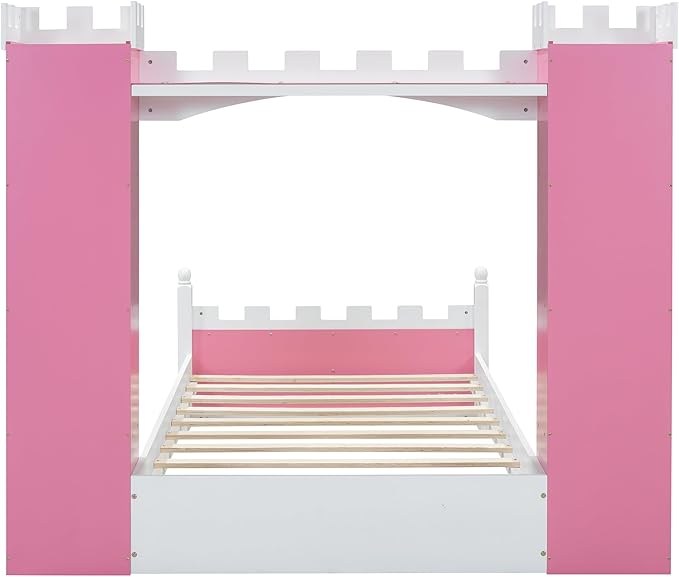 Castle-Shaped Wooden Platform Bed with Storage Shelf, Dreamy Twin Size Kids Platform Bed for Girls Boys Bedroom, Sturdy Slats Support (Pink+White Castle)