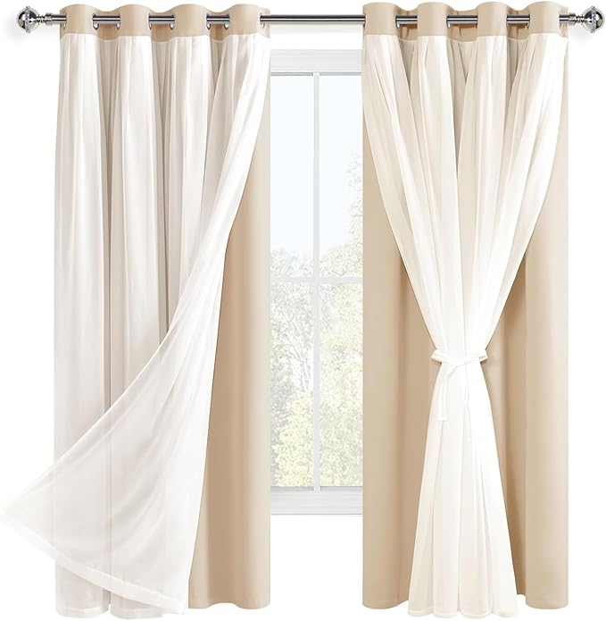 Hiasan Blackout Curtains with Sheer Overlay, Grommet Thermal Insulated Privacy Mix and Match Double Layer Window Curtains for Girls Bedroom, Living Room, 2 Drape Panels with Tiebacks, Beige, 52W X 63L