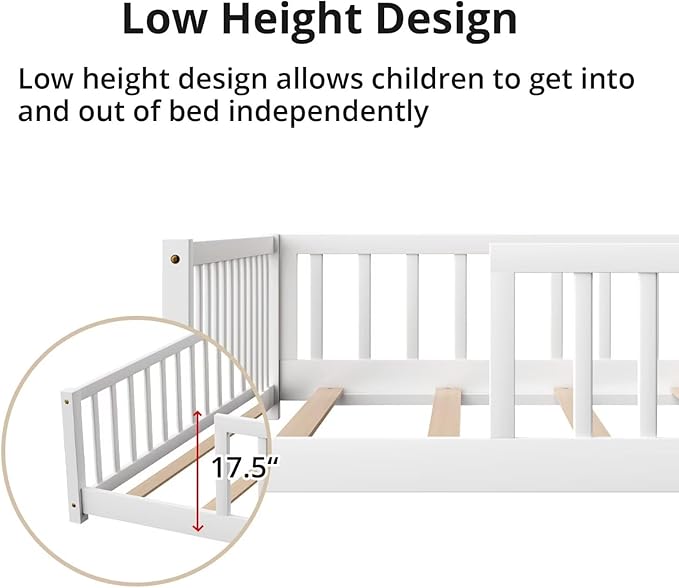 LLS Full Floor Bed for Kids Toddlers, Solid Wood Multifunctional Montessori Bed Frame with Safety Guardrails, Without Door, Easy Assemble, White