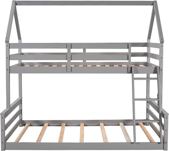 MERITLINE House Shaped Bunk Bed Twin Over Full Size Wood Bunk Bed Frame Low Bunk Beds for Kids, Twin Over Full,Grey