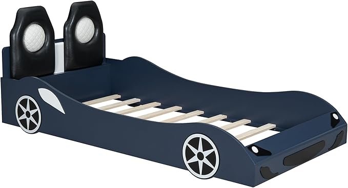 Bellemave Wood Twin Size Race Car-Shaped Platform Bed with LED and Upholstered Backrest, Kid's Platform Bed Frame with Race Car-Shaped and Safety Guardrails for Kids, Boys, Girls.(Blue)