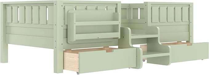 Bellemave Twin Size Kids Bed with high Rails and with Built-in Bookshelf and Drawers for Kids, Girls, Boys, Wood Montessori Bed Without Door, Avocado Green