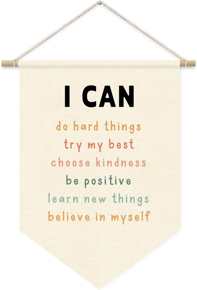 Affirmations Wall Hanging Art for Kids, I Can Do Hard Things,Nursery Decor, Classroom Decor Canvas Banner, Kids Affirmations Nursery Wall Art Canvas Hanging Pennant Flag Banner 15x11in