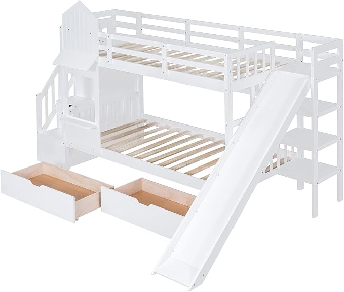 MERITLINE Twin Over Twin Castle Bunk Bed with Slide,Stairs and Drawers,Solid Wood Floor House Princess Bunk Bed with Storage Shelves (White)