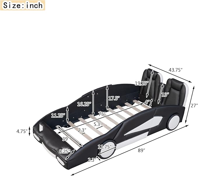 Ball & Cast Twin Size Race Car Shaped Platform Bed with Wheels,Wood Low Floor Bed Frame w/Rails & Headboard,Slat Support,No Box Spring Needed,for Apartment,Dorm,Black