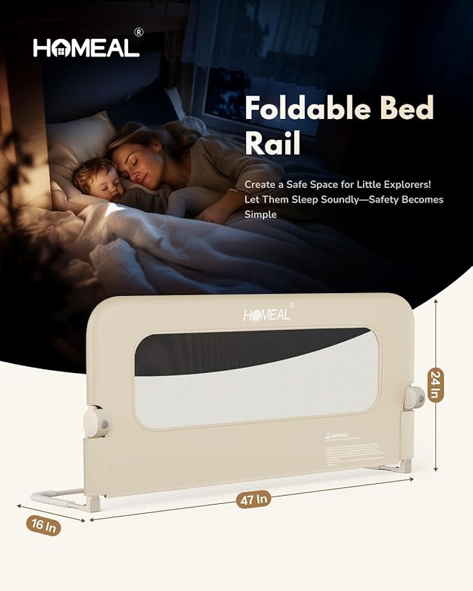 HOMEAL Bed Rail for Toddlers with U-Shape Base - 47"x24" Foldable Baby Bed Rail Guard for King Queen Full Twin Size Bed, Beige, 1 Pack
