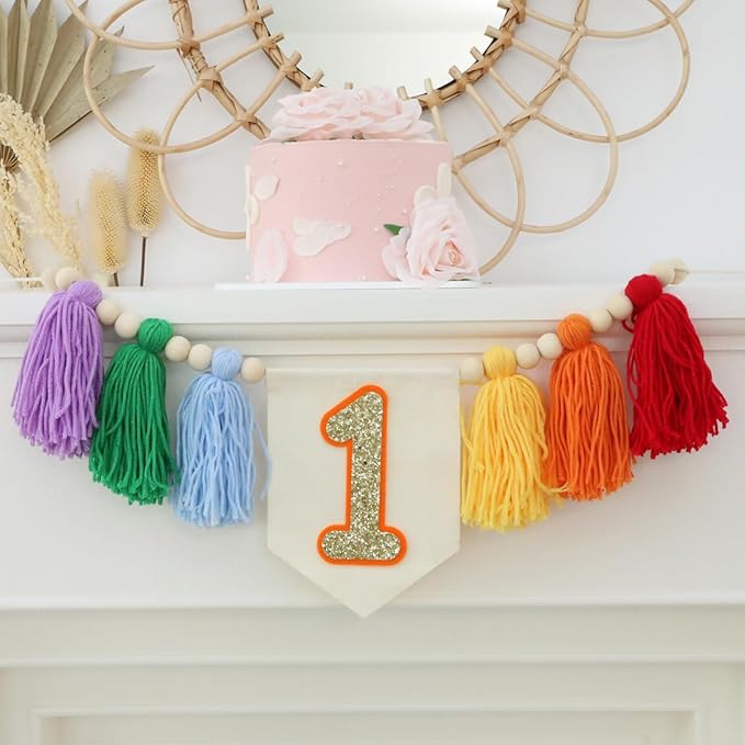 Handmade Light Rainbow 1st Birthday High Chair Banner Party Decoration for Girl Baby Colorful Wall Hangings Decoration Happy One Birthday Photoshoot Props Photo Props