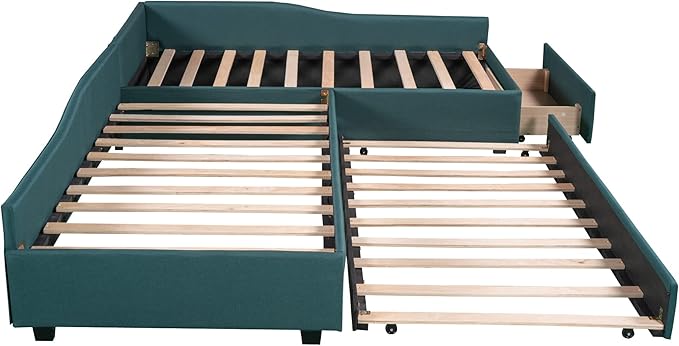 Bellemave L-Shape Platform Bed Twin Size Upholstered Daybed with Trundle and Storage Drawer Linen Corner Day Bed Frame for 3 Kids Boys Girls Teens, Green
