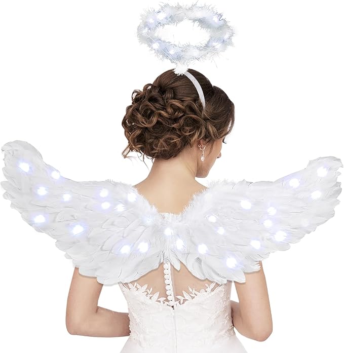 Angel Wings, Light Up Angel Wings and Halo with LED Lights, White Angel Wings Costume for Adult Women Kids Halloween Xmas