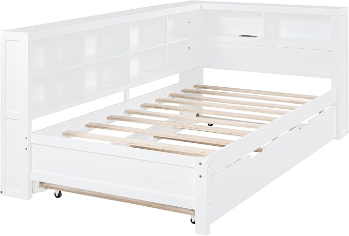 Harper & Bright Designs Twin Size Daybed with Trundle and Charging Station, Wooden Twin Storage Bed Frame with L-Shaped Bookcases, Twin Platform Bed with Shelves for Kids Girls Boys, White