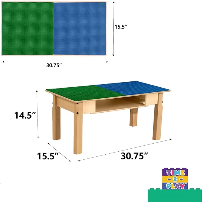 Contender Time-2-Play Kids Birch Plywood Blue & Green Montessori Lego Compatible Table with Shelf for Playroom, All Purpose Activity Play 30.75" W Rectangular Desk for Toddlers [14" Long Legs]