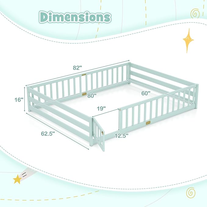KOMFOTT Queen Size Wood Floor Bed with Door & Fence, Montessori Bed Frame with Full Length Safety Guardrails, Door & Latch, Wooden Montessori Floor Bed for Kids, Girls, Boys (Queen,Light Green)