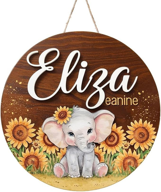 Personalized Name Signs for Kids Room, Sunflowers Elephant Sign for Baby Door Decor, Newborn Gifts for Girl, Girls Nursery Wall Bedroom Decorations, Mother's Day Gifts for New Mom Dad Gift