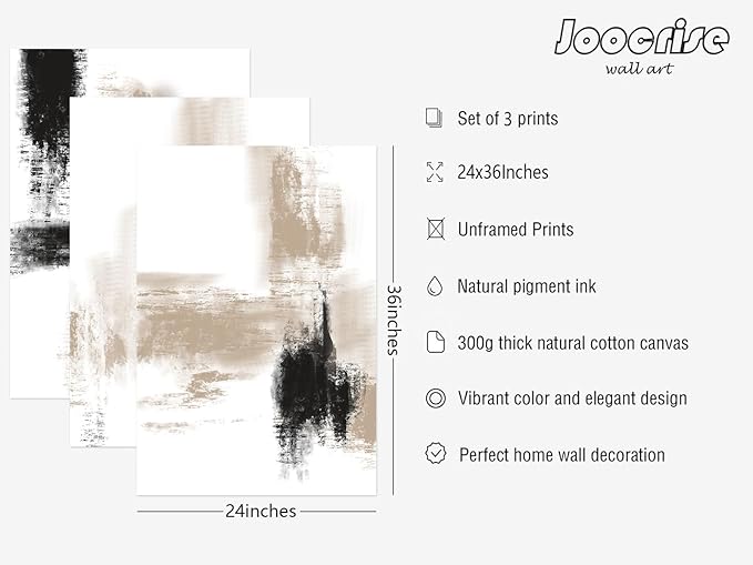 Joocrise Beige Abstract Wall Art Painting Set of 3 Neutral Canvas Wall Art Prints Black Beige Modern Wall Decor Minimalist Art Pictures Abstract Modern Artwork for Room Bedroom 24x36 Inch Unframed