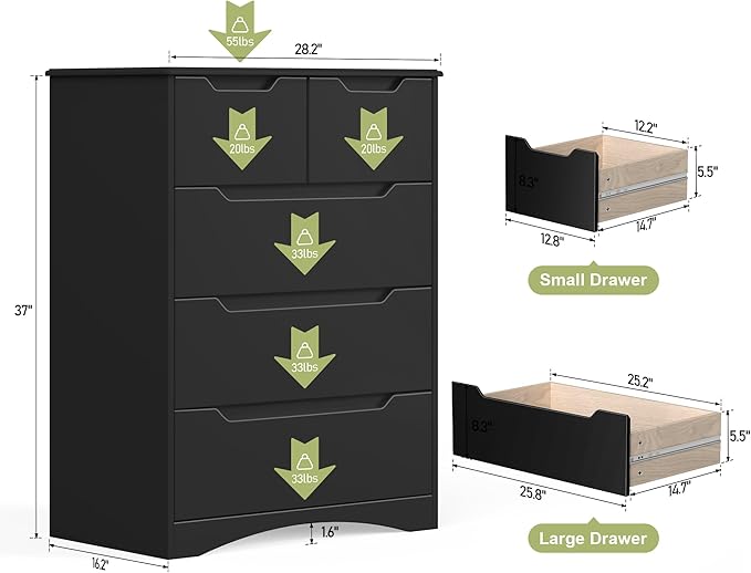 Gizoon 5 Drawers Chest, Black Dresser for Bedroom with Large Storage Capacity, Chest of Drawers with Embedded Handle, Sturdy Anti-Tripping Device for Hallway, Office, Living Room