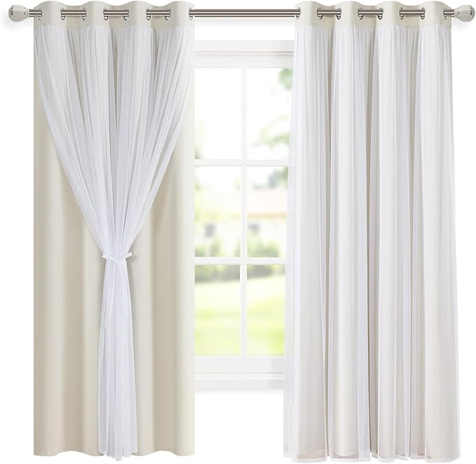 DWCN Blackout and Sheer Curtains with Tiebacks Layered Curtains for Living Room Grommet Top Window Curtain Panels with Sheer Overlay, 52 W by 63 L, Ivory, 2 Pieces
