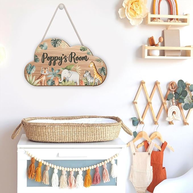 Custom Name Wooden Cloud Wall Art | Jungle Animal Door Sign for Nursery Decor, Bedroom Wall Hanging, Playroom Decoration