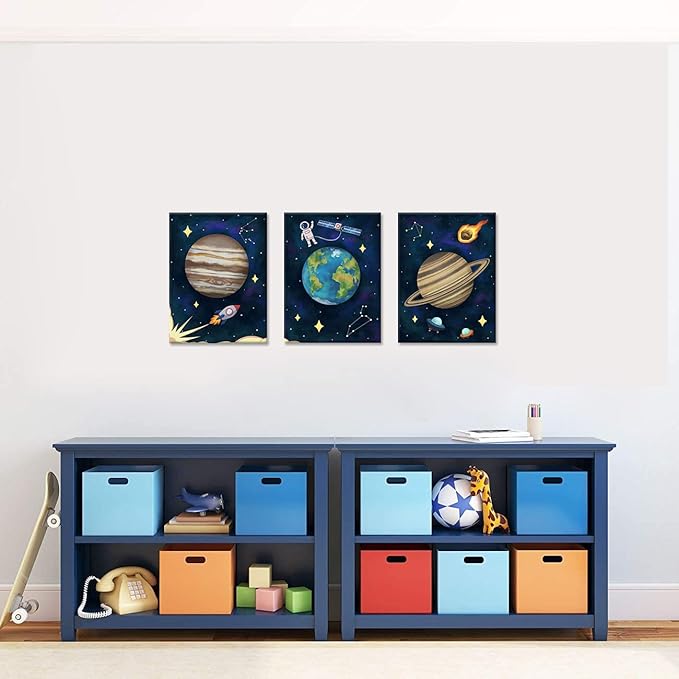 iHAPPYWALL 3 Pieces Outer Space Canvas Wall Art Abstract Universe Planet Jupiter Saturn Earth Painting for Boys Kids Room Bedromm Wall Decoration Ready to Hang 12x16inchx3pcs