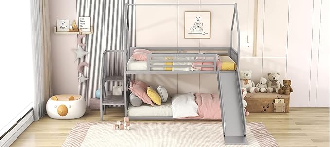 MERITLINE Metal Bunk Bed Twin Over Twin Bunk Bed Frame with Slide and Stairway,Twin Over House Bed with Guardrails