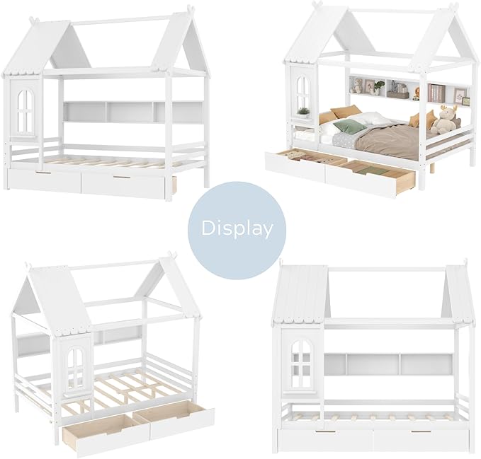 Full House Bed with Drawers and Window, Solid Wood House Platform Bed with Shelves, Full Bed Frame with House-shaped Roof for Kids, Boys, Girls, No Box Spring Needed and Childlike Design, White