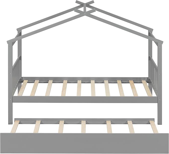 Harper & Bright Designs Twin House Bed for Kids, Wood Platform Bed with Trundle, Montessori Bed with Roof, Playhouse Trundle Beds for Kids,Teens, Bedroom, Gray