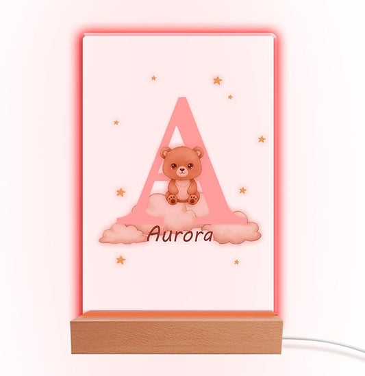 Personalized Baby Night Light with Wooden Base, Custom Name LED Lamp for Kids Room, Forest Animal Nursery Decor, Color-Changing Nightlight for Boys Girls, Unique Baby Shower Birthday Gift