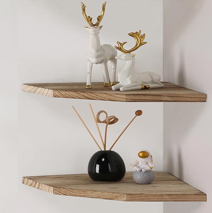 Corner Wall Shelves Set of 2, Rustic Wood Corner Floating Shelves with Cable raceway, Wall Mount Storage Display for TV Accessories, Baby Monitor, Speaker, Cable Box (Carbonized, Diamond- 10 Inch)
