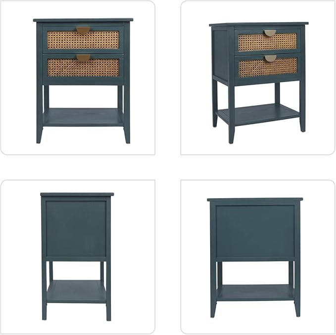 2 Drawers End Table for Living Room, Rattan Nightstand Bedside Table with Metal Handles for Living Room, Bedroom, Small Place(Green)