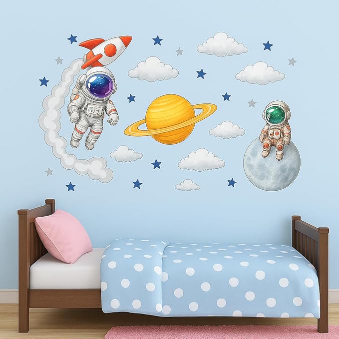 Astronaut Wall Decal for Kids Room – Space Theme Nursery Wall Art with Rocket, Clouds and Stars – Outer Space Decor for Boys and Girls Bedroom or Playroom – Removable Vinyl Wall Sticker