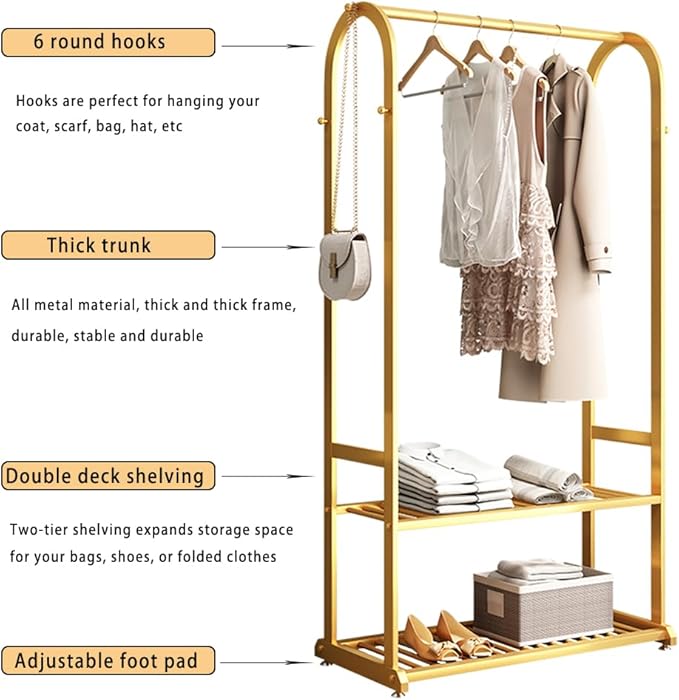 Gold Clothing Rack - Heavy Duty, Small Wardrobe Rack with Bottom Shelves for Hanging Clothes (L:39.4IN)