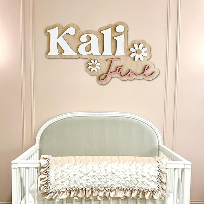 Personalized Wooden Nursery Name Sign, Custom Baby Room Wall Decor with Daisy Flowers, Kids Bedroom Name Plaque, Playroom or Newborn Gift, Keepsake Gift Sign for Boys & Girls