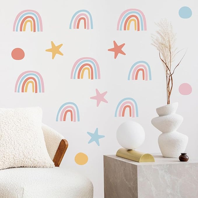 Rainbow, Stars & Dots Wall Decals for Kids Room – 160 PCS Pastel Boho Peel & Stick Waterproof Vinyl Wall Decor Stickers, 10 Sheets Removable Nursery, Bedroom & Playroom Decor(Style A)
