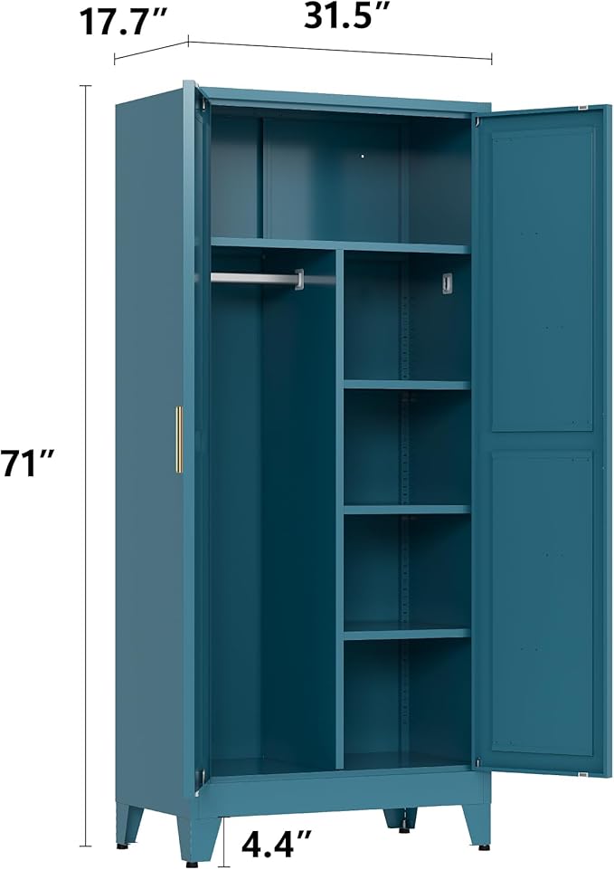 Metal armoire Wardrobe Closet with Hanging Rod,71'' Metal Wardrobe Cabinet with 2 Doors and 4 Adjustable Shelves, Bedroom armoires,Laundry Room cabinets,armario de ropa Closet