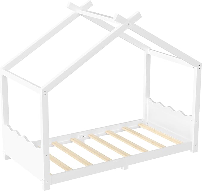 Twin Size Wooden House Floor Bed - Kids Bed Frame with Roof & Support Slats for Bedroom, No Box Spring Needed, Easy Assembly (White)