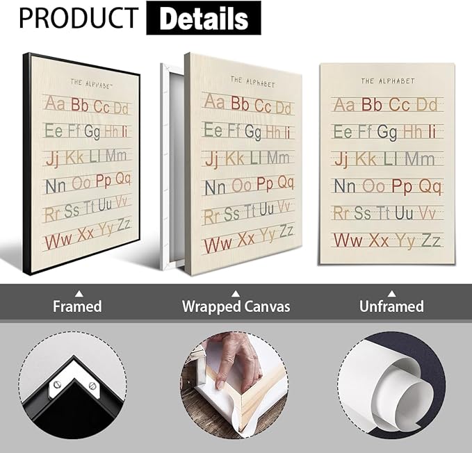 2pcs Alphabet and Numbers 1-20 Poster, Abc Letters Learning Charts for Toddlers 1-3, Numbers Canvas Wall Art for Nursery Classroom Wall, Kids Playroom Educational Print 16x24in Framed