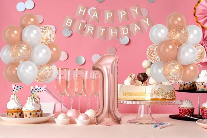 Rose Gold 40inch Number 1 Balloon, First Birthday Decorations For Girl With Rose Gold White Confetti Balloons, Happy Birthday Banner Large 1 Balloon For Baby Girl Princess Birthday Party Decor