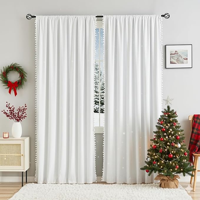 Treatmentex White Blackout Curtains for Living Room 95 inch Energy Saving Window Curtains Pom Pom Thermal Curtains Triple Weave Nursery Girl's Room Curtains 52" W Rod Pocket 1 Pair
