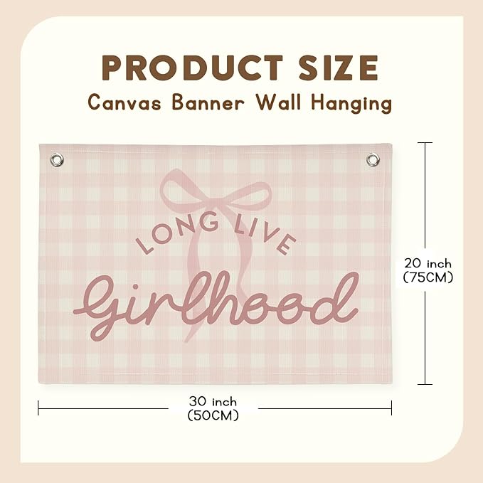 Pink Cute Room Decor Long Live Girlhood Banner, Coquette Bow Girls Room Decor for Nursery Playroom Wall Hanging Linen Flag,Baby Girls Bedroom Decorations,Baby Showers Newborn Gift 30x20 girlroom