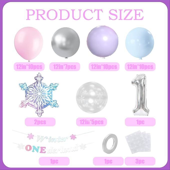 Winter Onederland 1st Birthday, Pink Purple Blue Balloons, Winter Onederland Birthday Decorations For Girls Boys,40 Inch Silver 1 Balloon And Banner for One Year Old BD Decorations