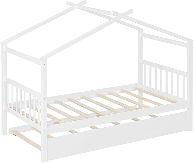 Harper & Bright Designs Twin House Bed for Kids, Wood Platform Bed with Trundle, Montessori Bed with Roof, Playhouse Trundle Beds for Kids,Teens, Bedroom, White