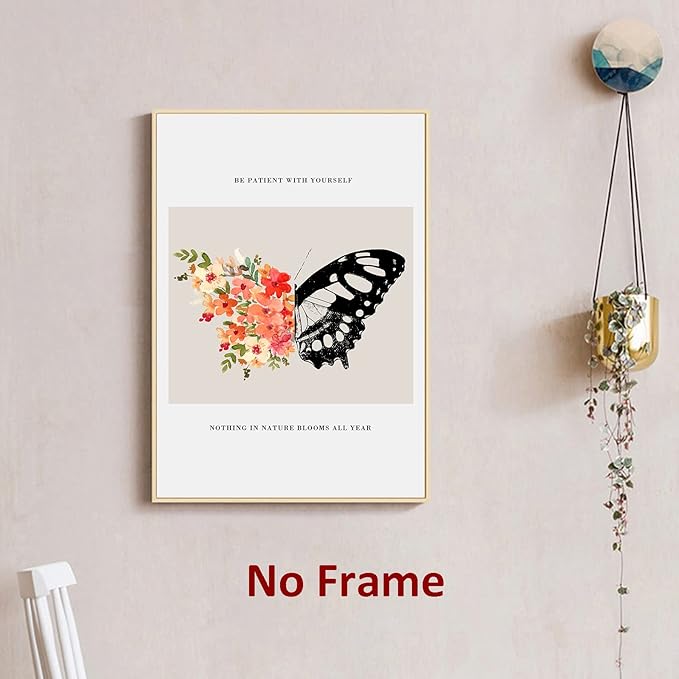 Be Patient with Yourself Art Butterfly Flower Picture Mental Health Wall Art Watercolor Flower Poster Positive Affirmations Pictures Black Butterfly Painting for Living Room Bedroom 16x24in Frameless