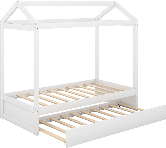 Merax House Bed with Trundle, Solid Wood Twin Size Daybed for Girls & Boys, Kids Platform Bed Frame with Roof for Bedroom, No Box Spring Needed, White